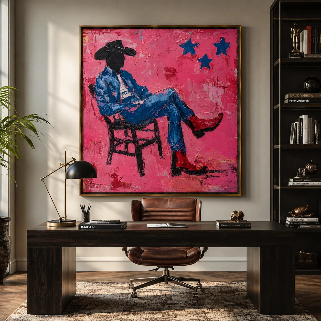 Pink Cowboy Hand-Painted Oil Painting, Textured Western Wall Art with Red Boots for Modern Home Decor #OA0962