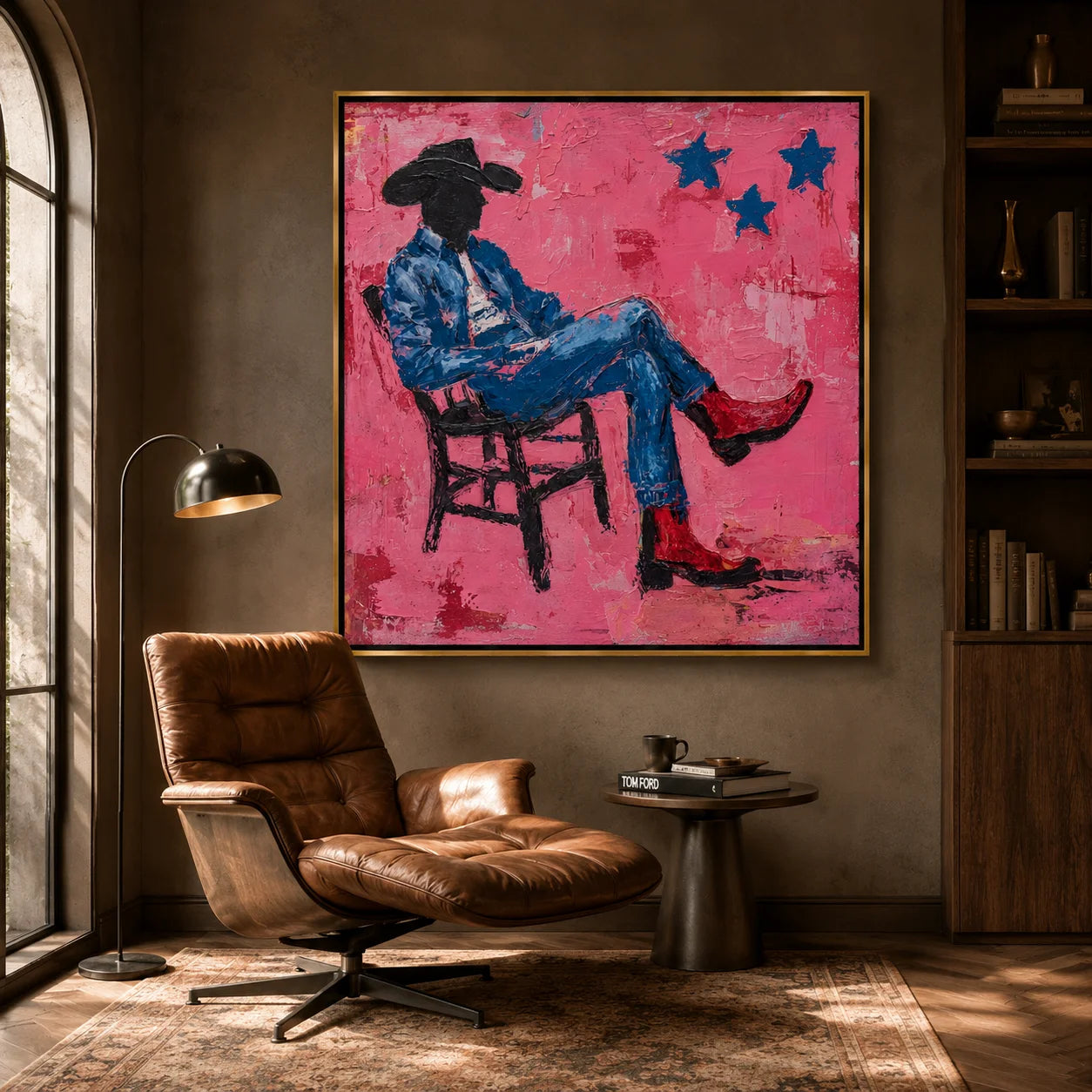 Pink Cowboy Hand-Painted Oil Painting, Textured Western Wall Art with Red Boots for Modern Home Decor #OA0962