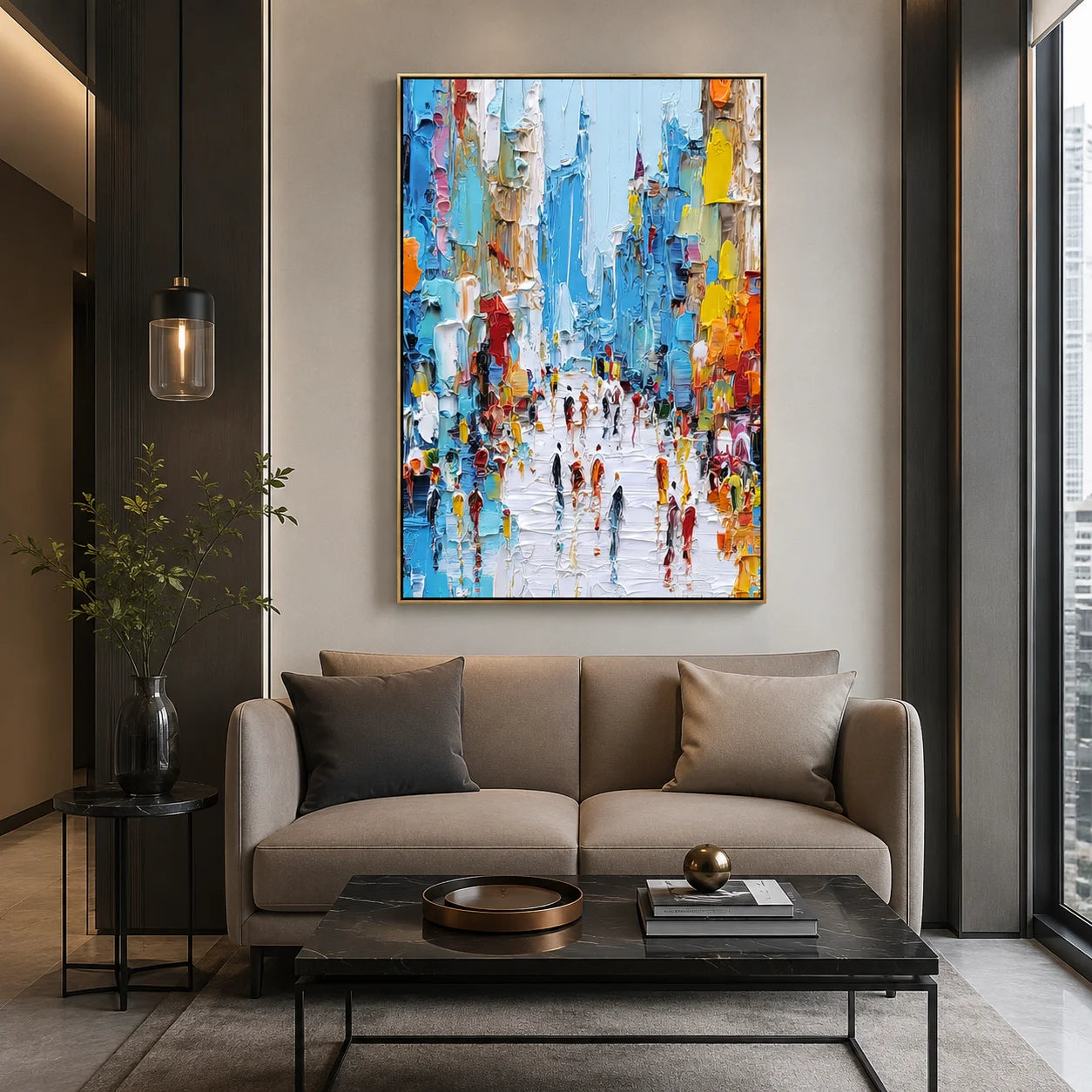 Colorful Abstract City Street Oil Painting, Textured Urban Wall Art for Living Room Decor