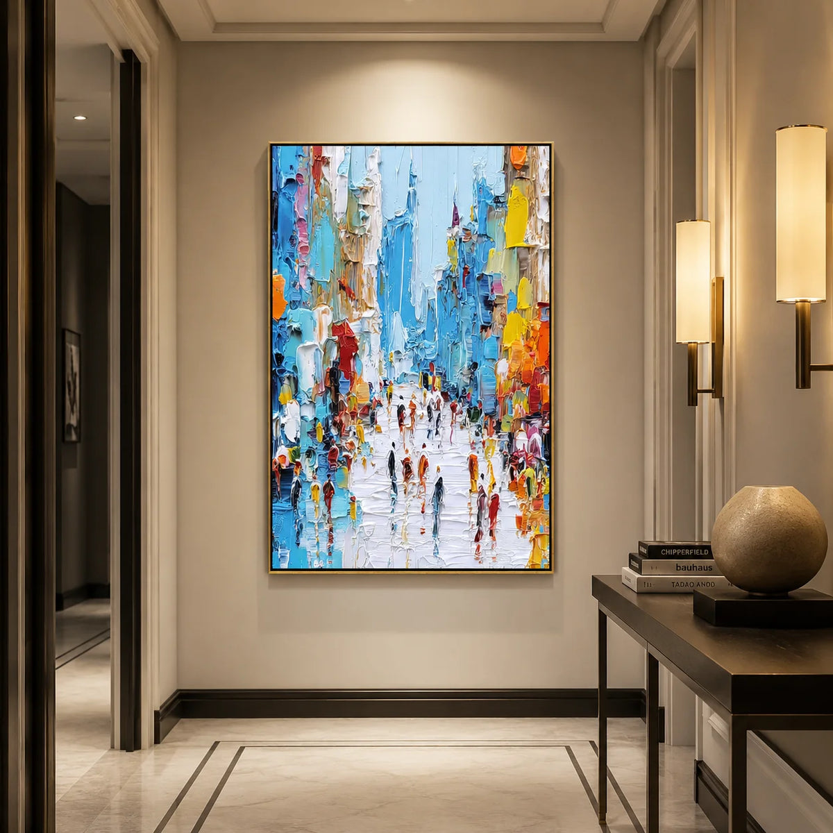 Colorful Abstract City Street Oil Painting, Textured Urban Wall Art for Living Room Decor