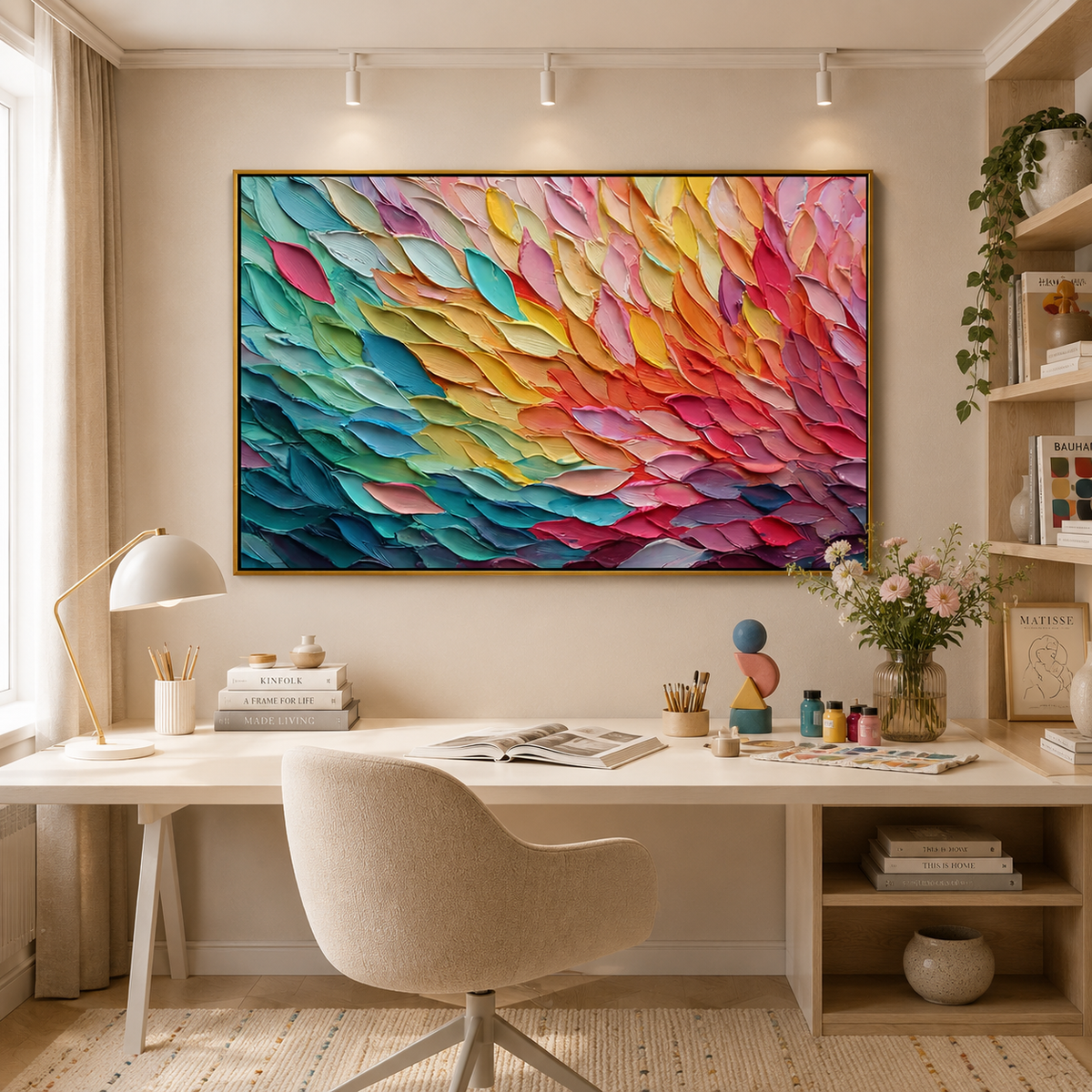 Colorful Textured Abstract Oil Painting Canvas – Modern Rainbow Palette Knife Wall Art for Living Room Home Decor