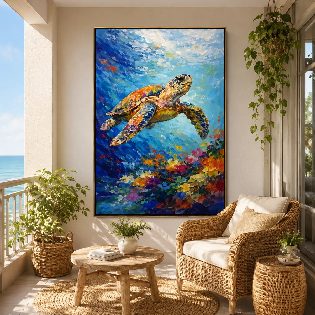Large Colorful Sea Turtle Ocean Wall Art – Modern Underwater Marine Life Canvas Painting