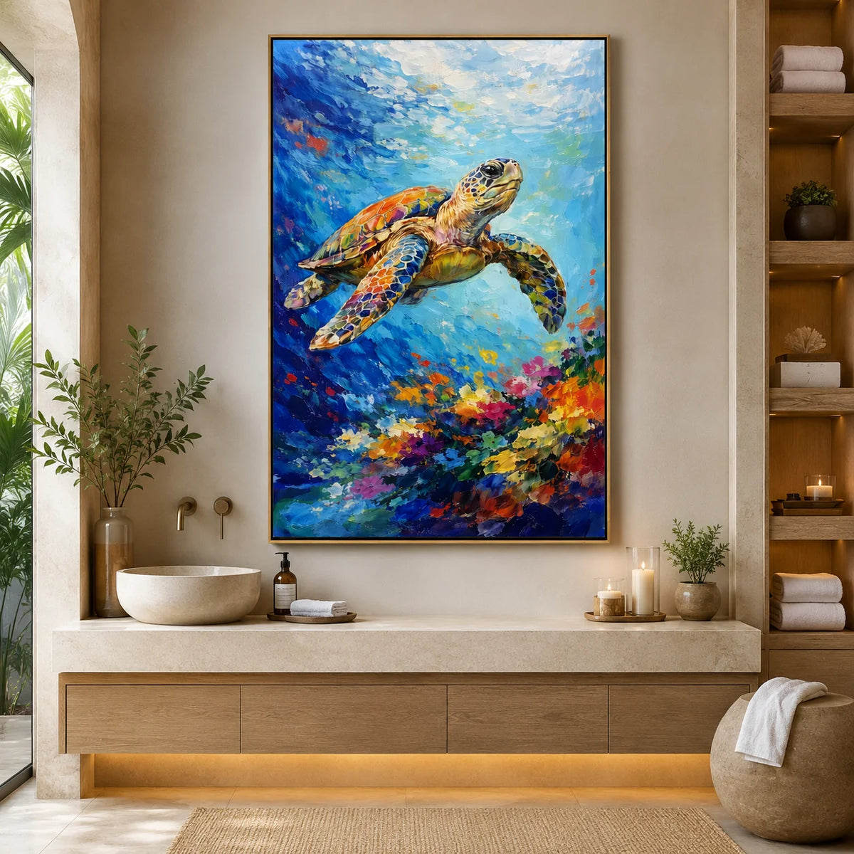 Large Colorful Sea Turtle Ocean Wall Art – Modern Underwater Marine Life Canvas Painting