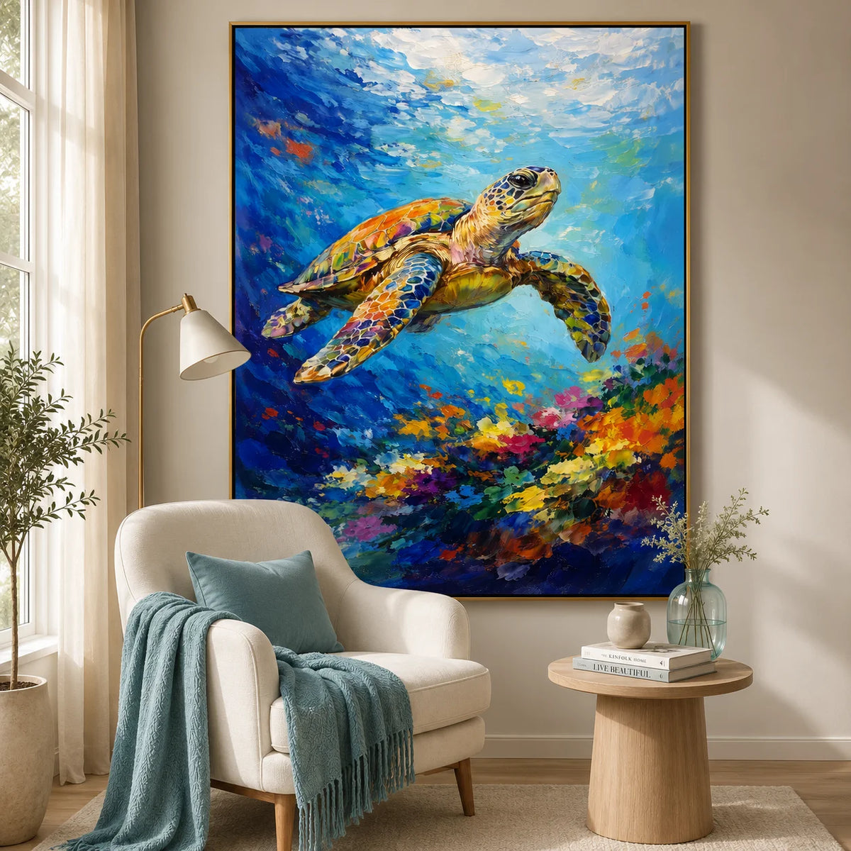 Large Colorful Sea Turtle Ocean Wall Art – Modern Underwater Marine Life Canvas Painting