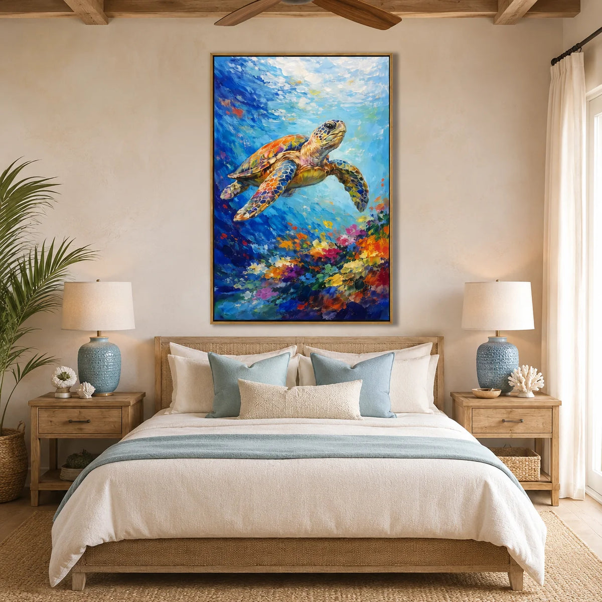 Large Colorful Sea Turtle Ocean Wall Art – Modern Underwater Marine Life Canvas Painting