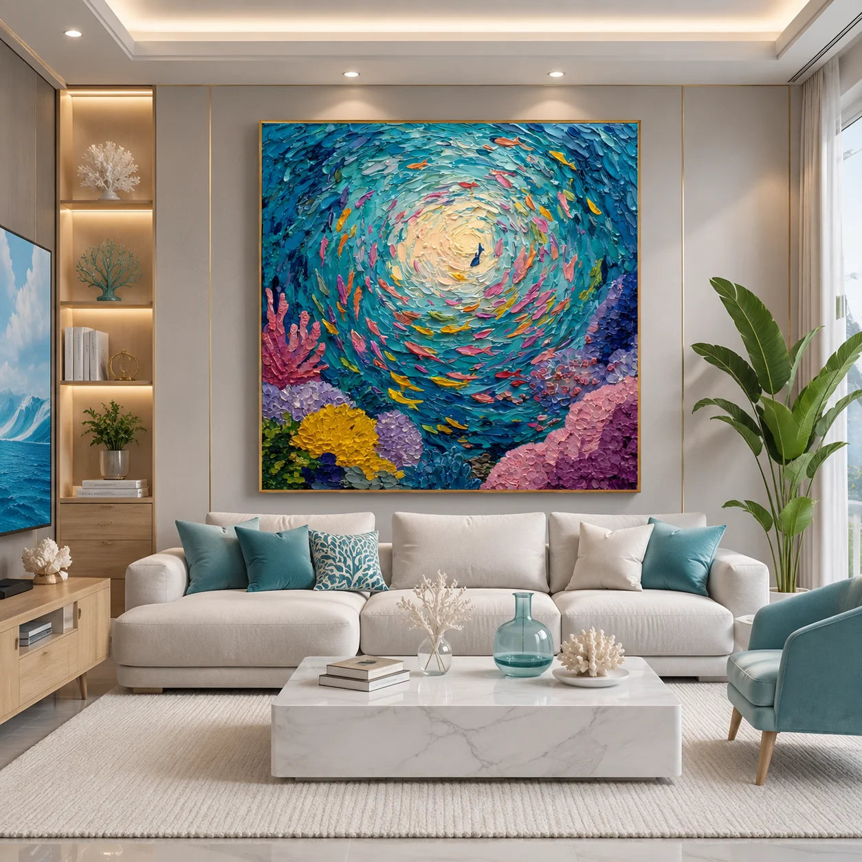 100% Hand-Painted Abstract Ocean Fish Oil Painting | Modern Underwater Swirl Textured Wall Art | Original Coral Reef Canvas by Ownanart # OA 1158