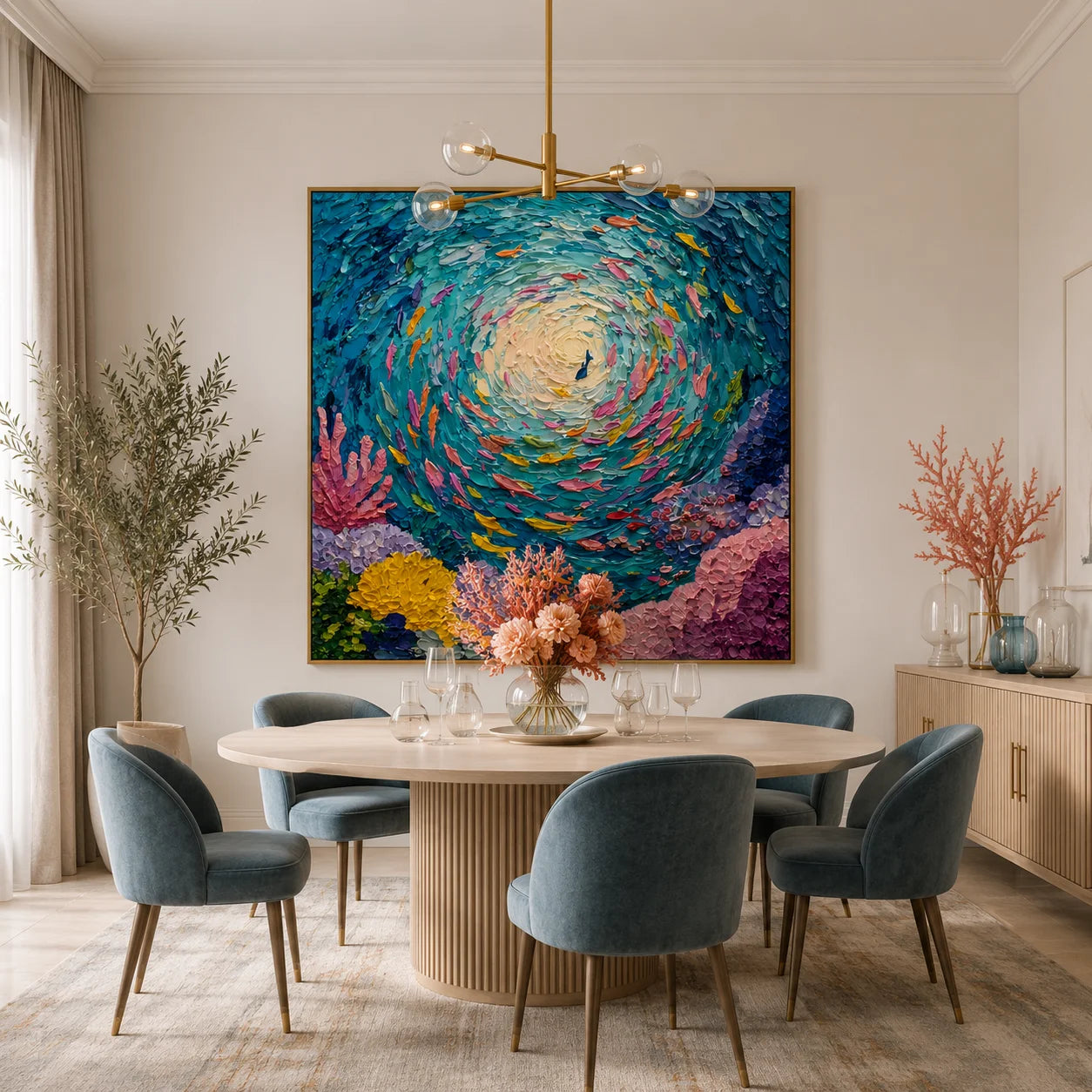 100% Hand-Painted Abstract Ocean Fish Oil Painting | Modern Underwater Swirl Textured Wall Art | Original Coral Reef Canvas by Ownanart # OA 1158