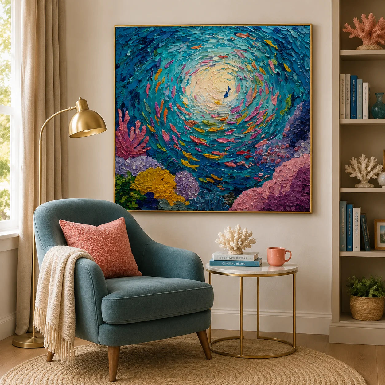 100% Hand-Painted Abstract Ocean Fish Oil Painting | Modern Underwater Swirl Textured Wall Art | Original Coral Reef Canvas by Ownanart # OA 1158