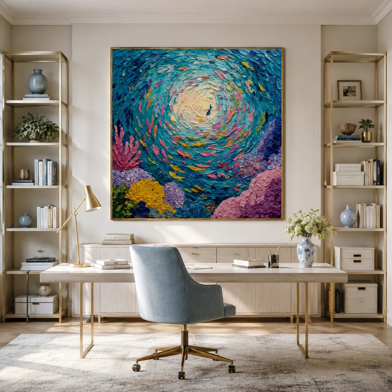100% Hand-Painted Abstract Ocean Fish Oil Painting | Modern Underwater Swirl Textured Wall Art | Original Coral Reef Canvas by Ownanart # OA 1158