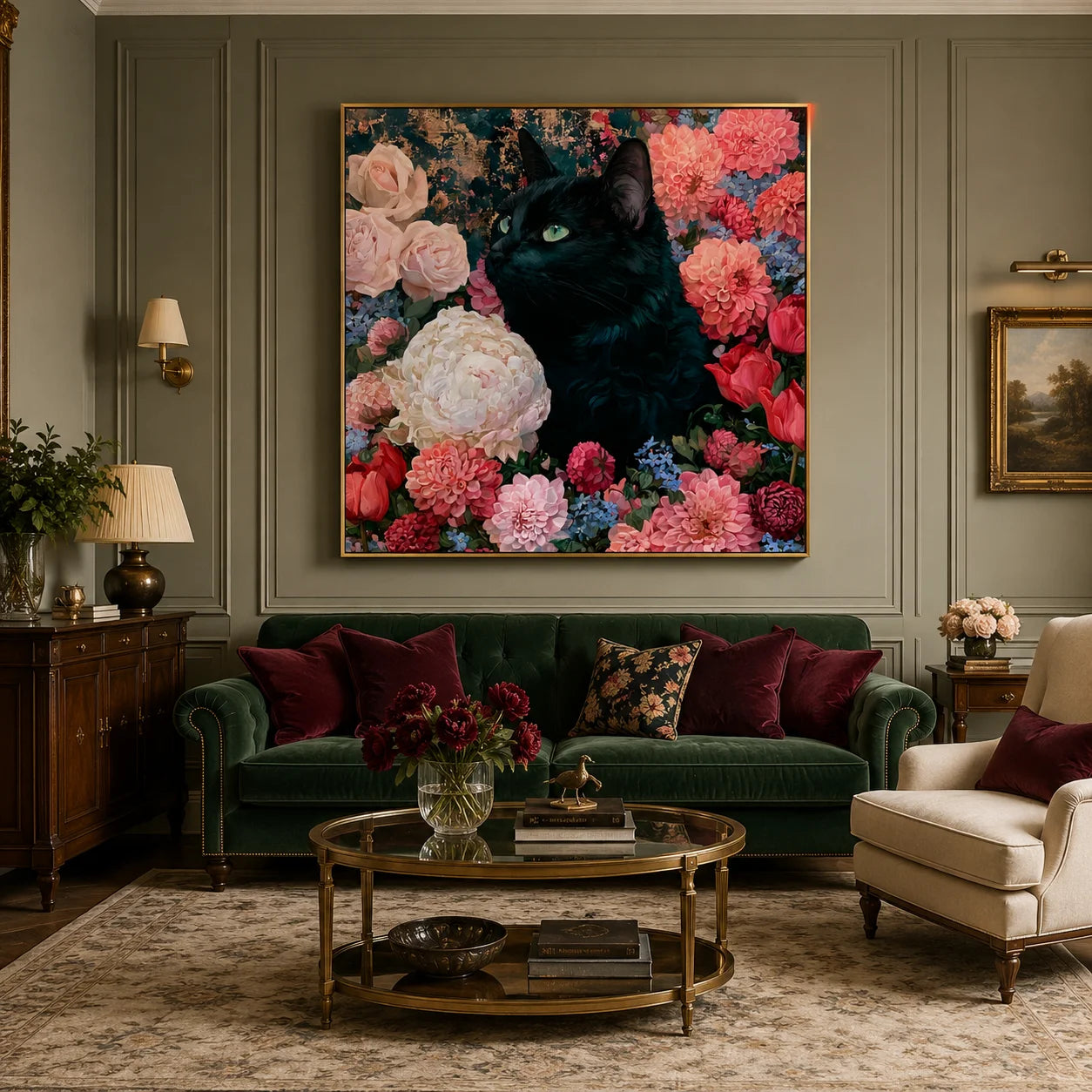100% Hand-Painted Black Cat Floral Oil Painting | Modern Garden Cat Wall Art | Original Cat & Bloom Canvas Artwork | Pet-Themed Home Decor by Ownanart # OA 1161