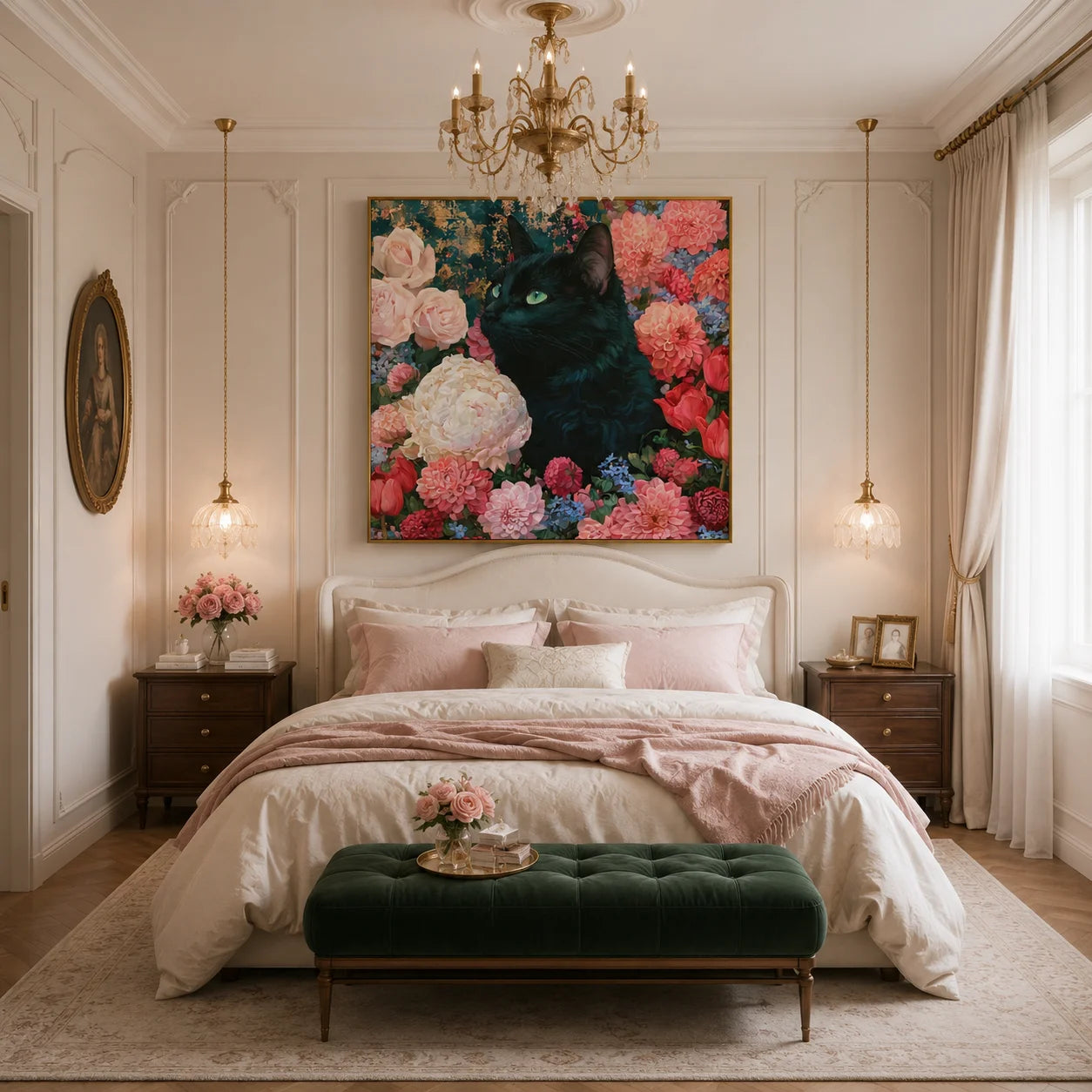 100% Hand-Painted Black Cat Floral Oil Painting | Modern Garden Cat Wall Art | Original Cat & Bloom Canvas Artwork | Pet-Themed Home Decor by Ownanart # OA 1161