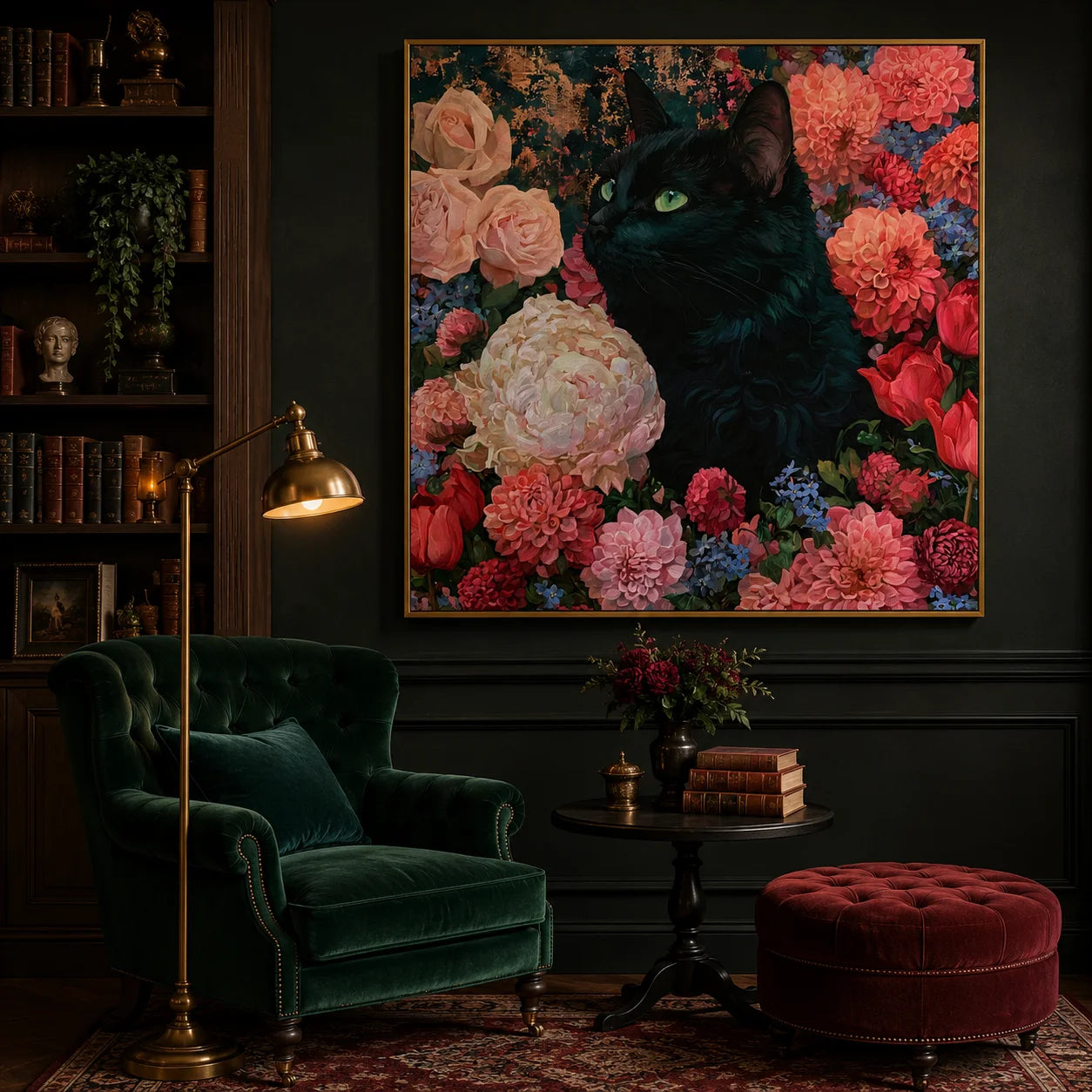 100% Hand-Painted Black Cat Floral Oil Painting | Modern Garden Cat Wall Art | Original Cat & Bloom Canvas Artwork | Pet-Themed Home Decor by Ownanart # OA 1161