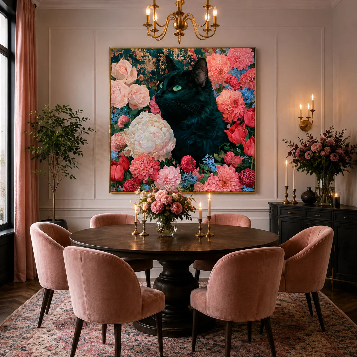 100% Hand-Painted Black Cat Floral Oil Painting | Modern Garden Cat Wall Art | Original Cat & Bloom Canvas Artwork | Pet-Themed Home Decor by Ownanart # OA 1161