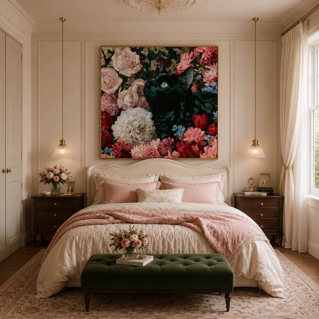 100% Hand-Painted Black Cat Rose Garden Oil Painting | Modern Floral Cat Wall Art | Original Pet Portrait Canvas Artwork | Home Decor by Ownanart # OA 1162