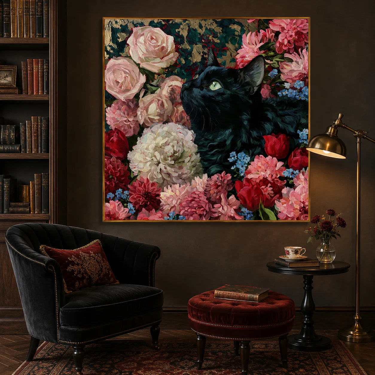 100% Hand-Painted Black Cat Rose Garden Oil Painting | Modern Floral Cat Wall Art | Original Pet Portrait Canvas Artwork | Home Decor by Ownanart # OA 1162