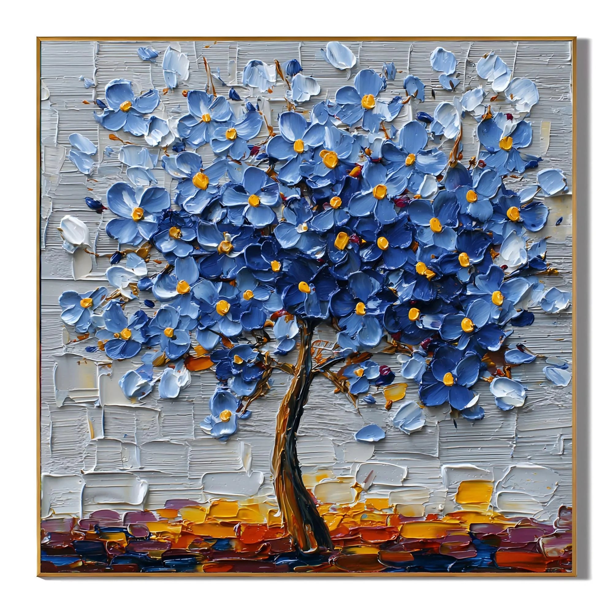100% Hand-Painted Blue Blossom Tree Oil Painting | Modern Abstract Floral Textured Wall Art | Original Tree of Life Impasto Artwork by Ownanart # OA 1159