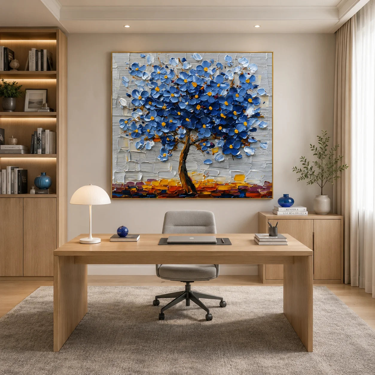 100% Hand-Painted Blue Blossom Tree Oil Painting | Modern Abstract Floral Textured Wall Art | Original Tree of Life Impasto Artwork by Ownanart # OA 1159