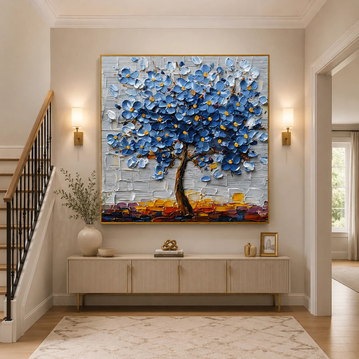 100% Hand-Painted Blue Blossom Tree Oil Painting | Modern Abstract Floral Textured Wall Art | Original Tree of Life Impasto Artwork by Ownanart # OA 1159