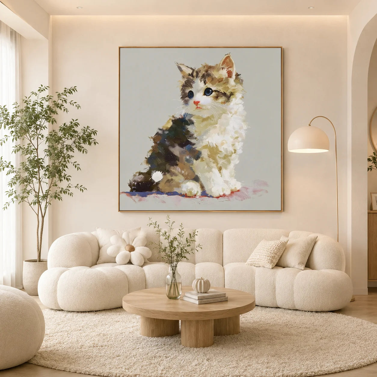 100% Hand-Painted Cute Kitten Portrait Oil Painting | Original Blue-Eyed Cat Pet Wall Art | Modern Animal Artwork