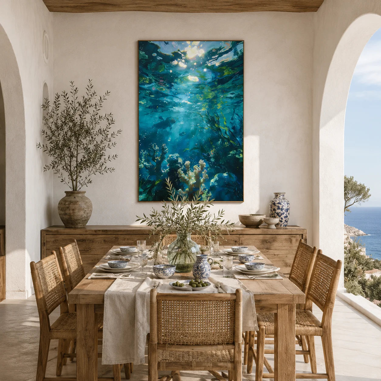 Ownanart 100% Hand-Painted Underwater Ocean Oil Painting | Blue Turquoise Coral Reef, Diver & Sunlight Seascape Wall Art # OA 1338