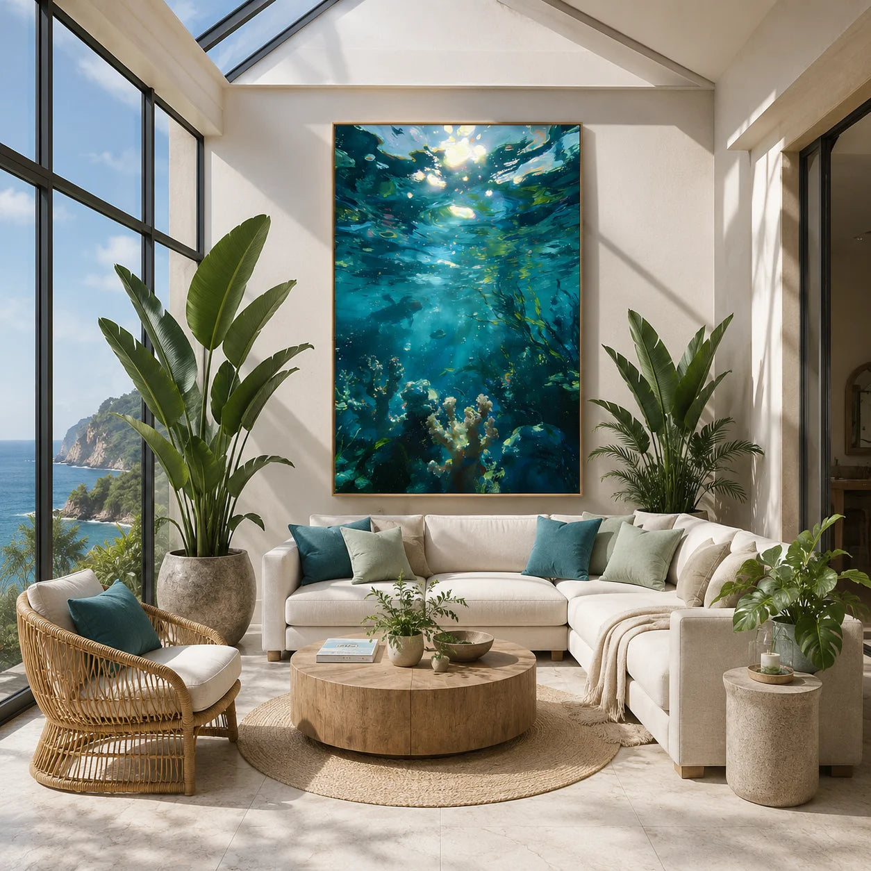Ownanart 100% Hand-Painted Underwater Ocean Oil Painting | Blue Turquoise Coral Reef, Diver & Sunlight Seascape Wall Art # OA 1338