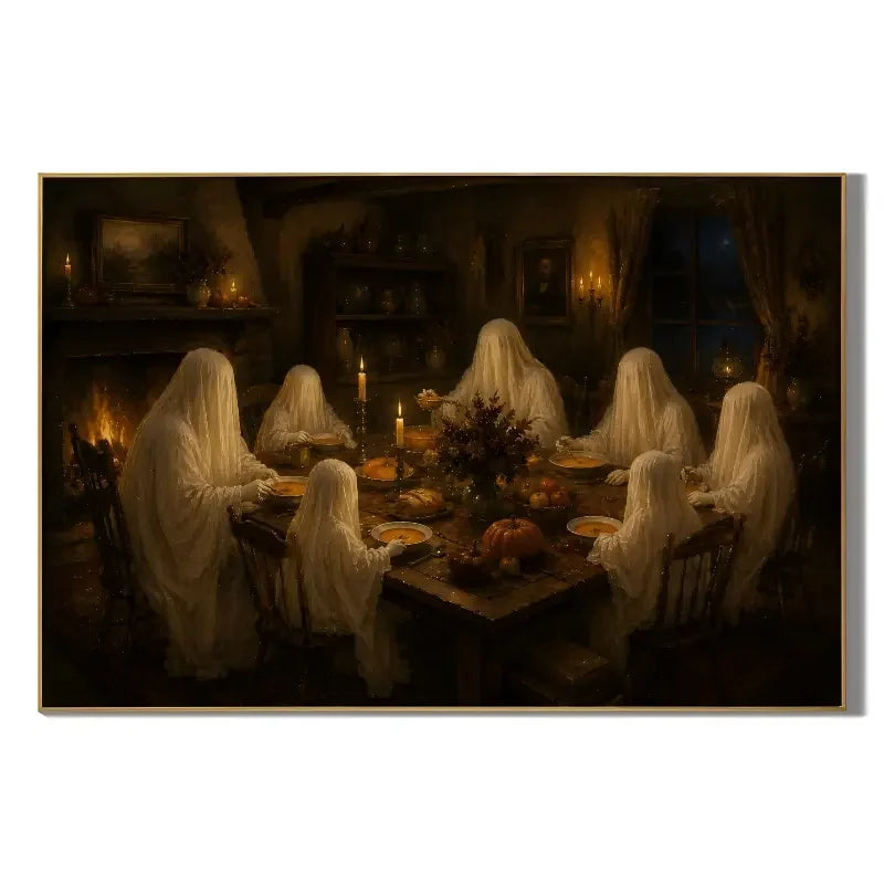 Ownanart 100% Hand Painted Halloween Ghost Family Dinner Oil Painting, Autumn Harvest Pumpkin Candlelight Feast Wall Art, Gothic Cottagecore Farmhouse Canvas, Original Handmade Halloween Ghost Dining Room Artwork for Living Room Decor # OA 1325