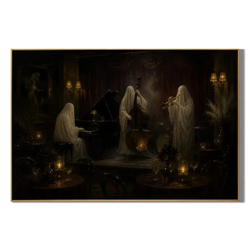Ownanart 100% Hand Painted Halloween Ghost Jazz Band Oil Painting, Gothic Haunted Piano Bar Wall Art, Vintage Ghost Musicians Playing Piano, Double Bass & Trumpet, Original Handmade Dark Halloween Canvas for Living Room Decor # OA 1324