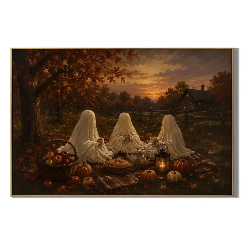Ownanart 100% Hand Painted Halloween Ghost Picnic Oil Painting, Autumn Harvest Pumpkin Landscape Canvas Art, Gothic Cottage Sunset Wall Art, Dark Cottagecore Original Handmade Oil Painting for Living Room Decor # OA 1322