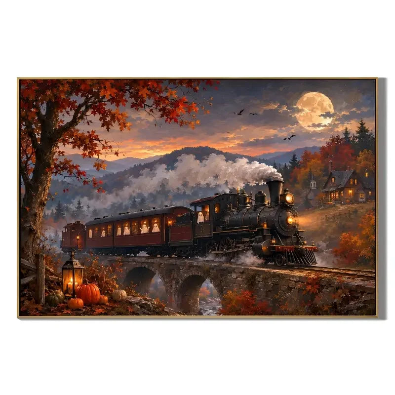 Ownanart 100% Hand Painted Halloween Ghost Train Oil Painting, Vintage Steam Locomotive Under Full Moon, Autumn Pumpkin Harvest Landscape, Gothic Cottagecore Handmade Canvas Wall Art for Living Room Decor # OA 1326