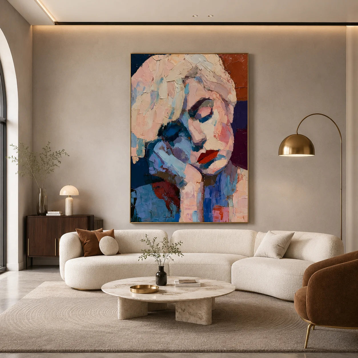 Abstract Contemplative Woman Portrait Hand-Painted Oil Painting | Blue and Blush Textured Palette Knife Wall Art for Modern Interiors
