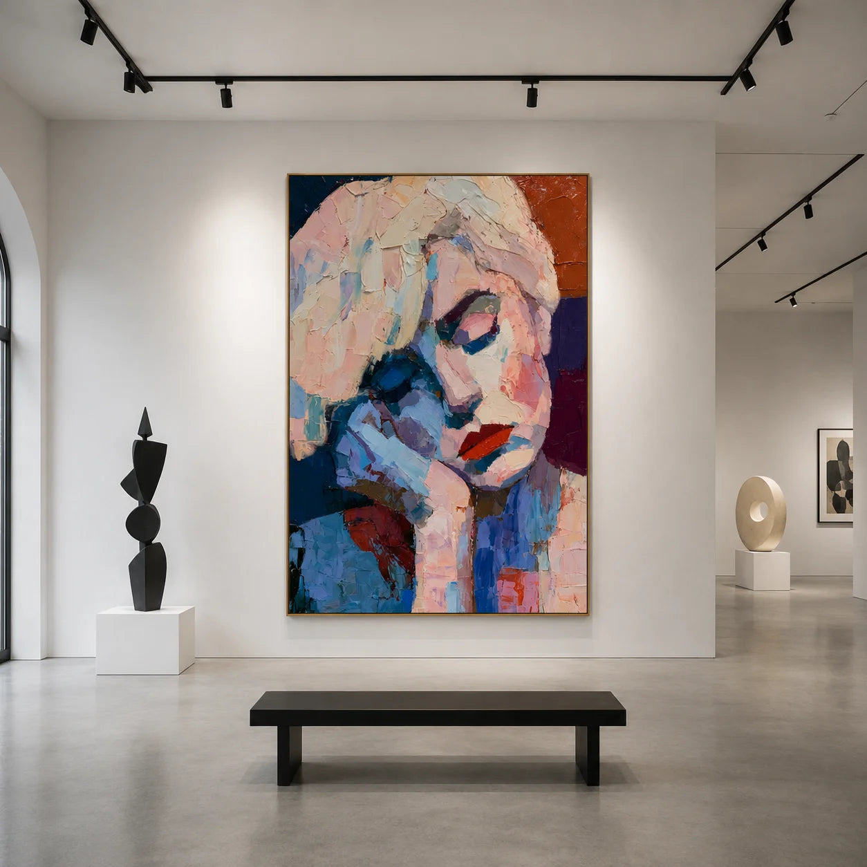 Abstract Contemplative Woman Portrait Hand-Painted Oil Painting | Blue and Blush Textured Palette Knife Wall Art for Modern Interiors