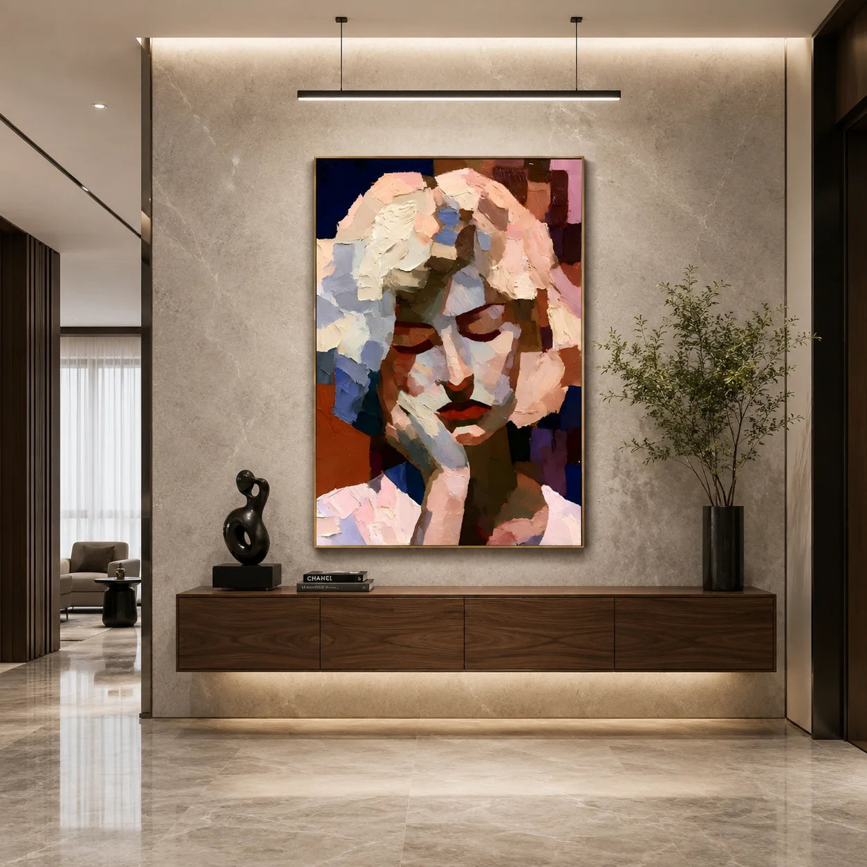 Abstract Contemplative Woman Portrait Hand-Painted Oil Painting | Textured Palette Knife Figurative Wall Art for Modern Interiors # OA 1114