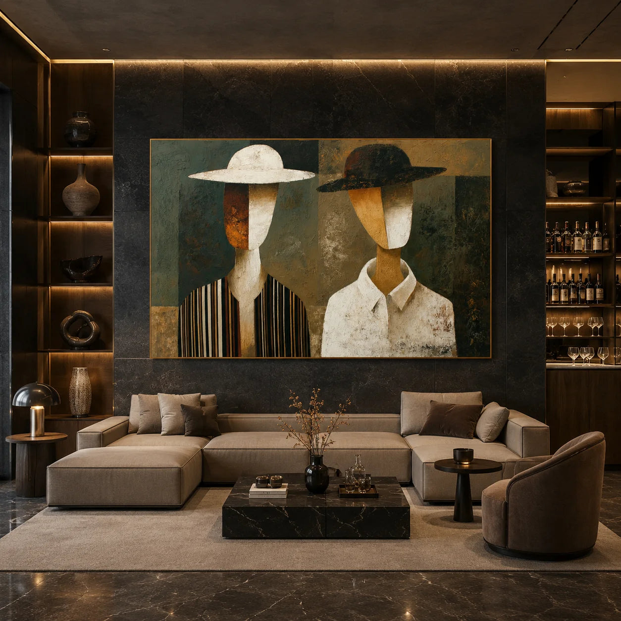 Abstract Couple Portrait Hand-Painted Oil Painting, Minimalist Modern Figurative Wall Art # OA 1042