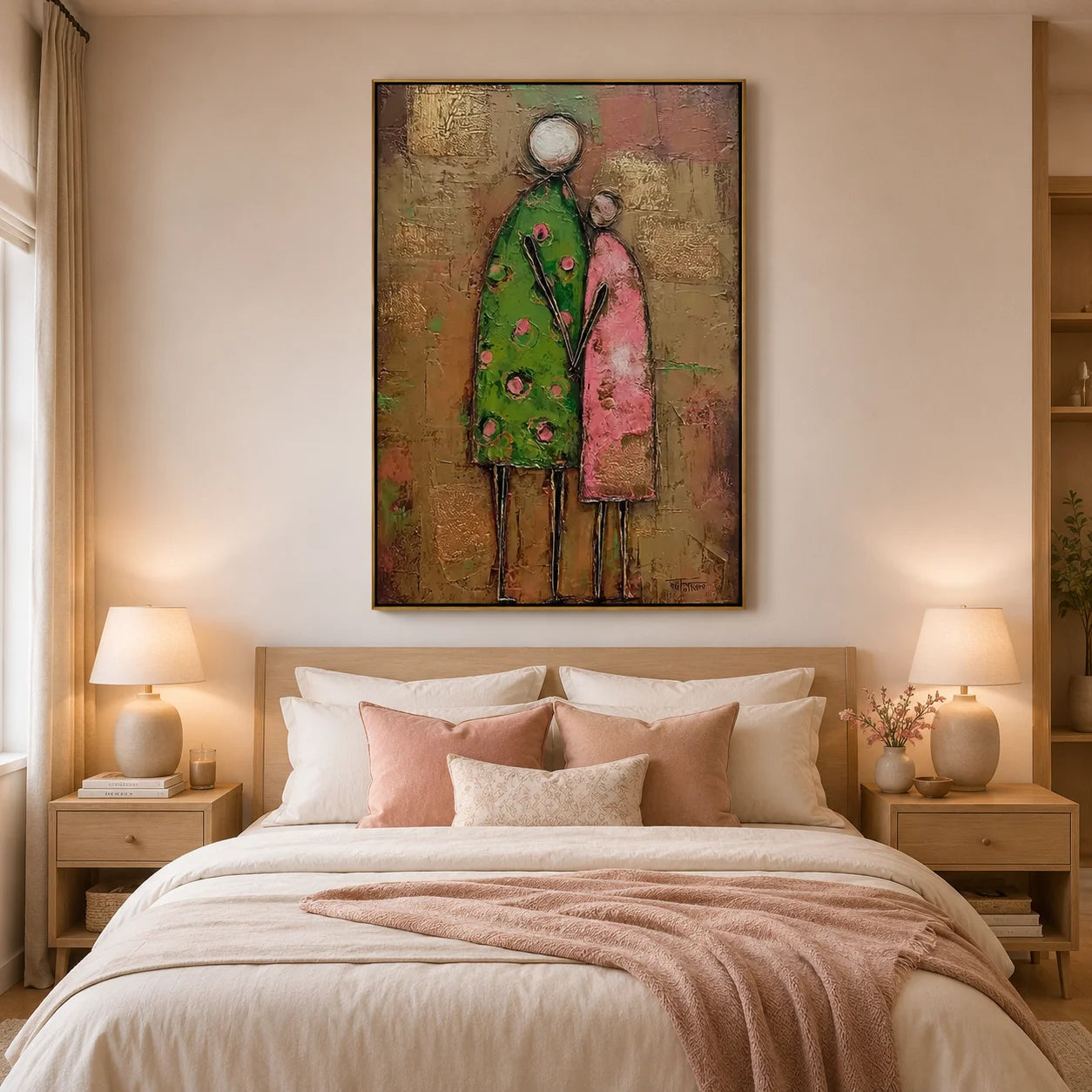 Abstract Family Figure Oil Painting, Textured Mother and Child Wall Art for Living Room Decor