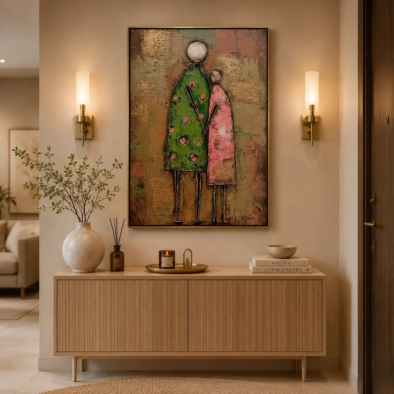 Abstract Family Figure Oil Painting, Textured Mother and Child Wall Art for Living Room Decor