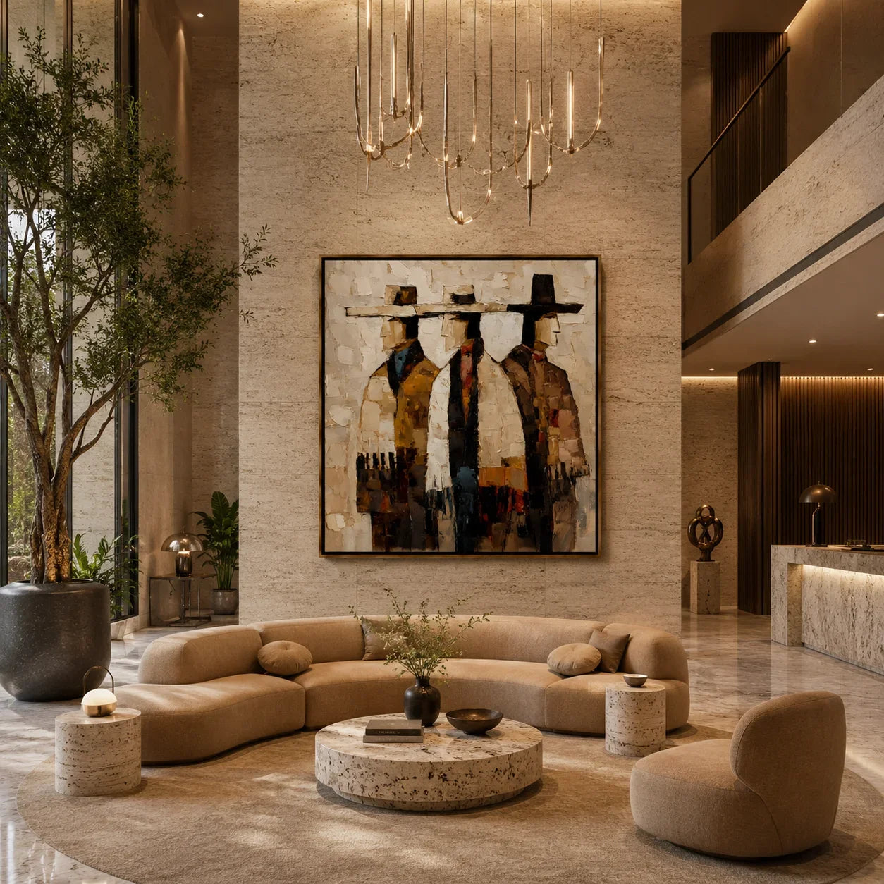 Abstract Three Figures Hand-Painted Oil Painting | Modern Figurative Wall Art with Textured Neutral Tones #OA 1008