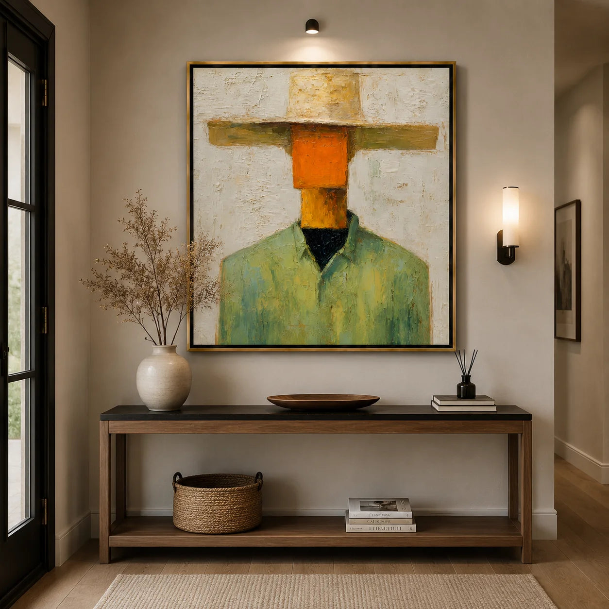 Abstract Western Cowboy Hand-Painted Oil Painting, Textured Minimalist Portrait Wall Art for Modern Home Decor#OA0966