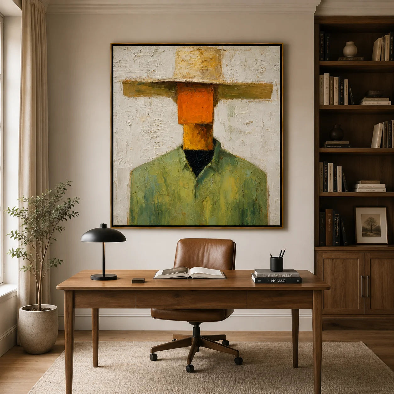 Abstract Western Cowboy Hand-Painted Oil Painting, Textured Minimalist Portrait Wall Art for Modern Home Decor#OA0966