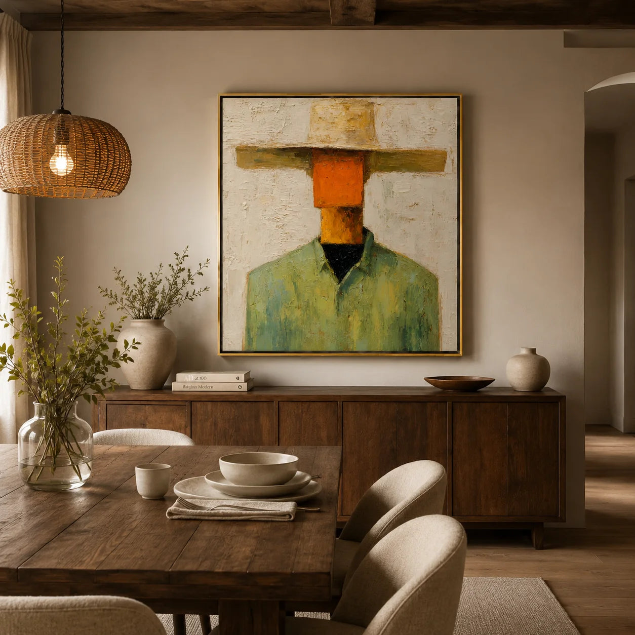 Abstract Western Cowboy Hand-Painted Oil Painting, Textured Minimalist Portrait Wall Art for Modern Home Decor#OA0966