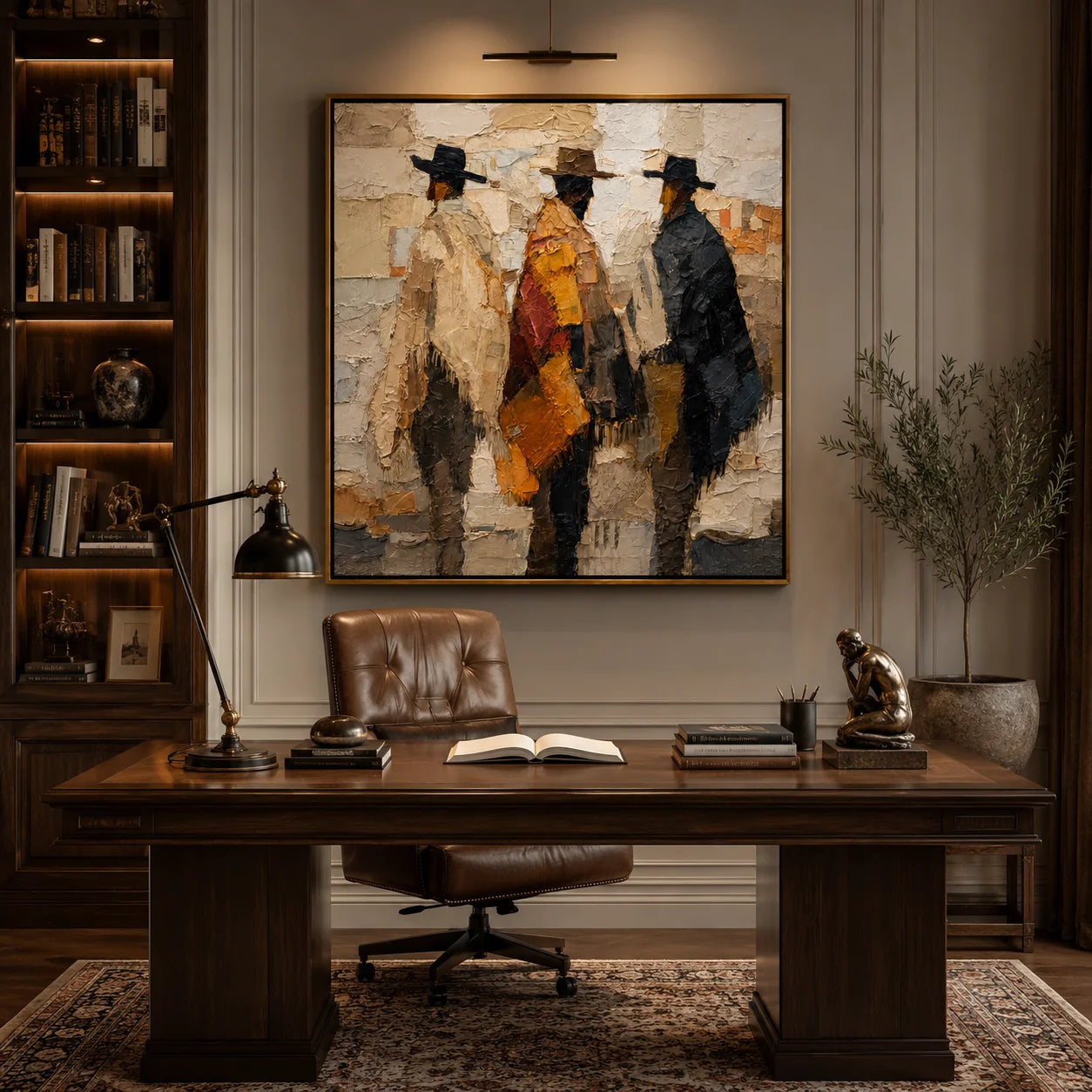Abstract Western Cowboys Hand-Painted Oil Painting, Textured Figurative Canvas Wall Art for Modern Rustic Home Decor #OA0954