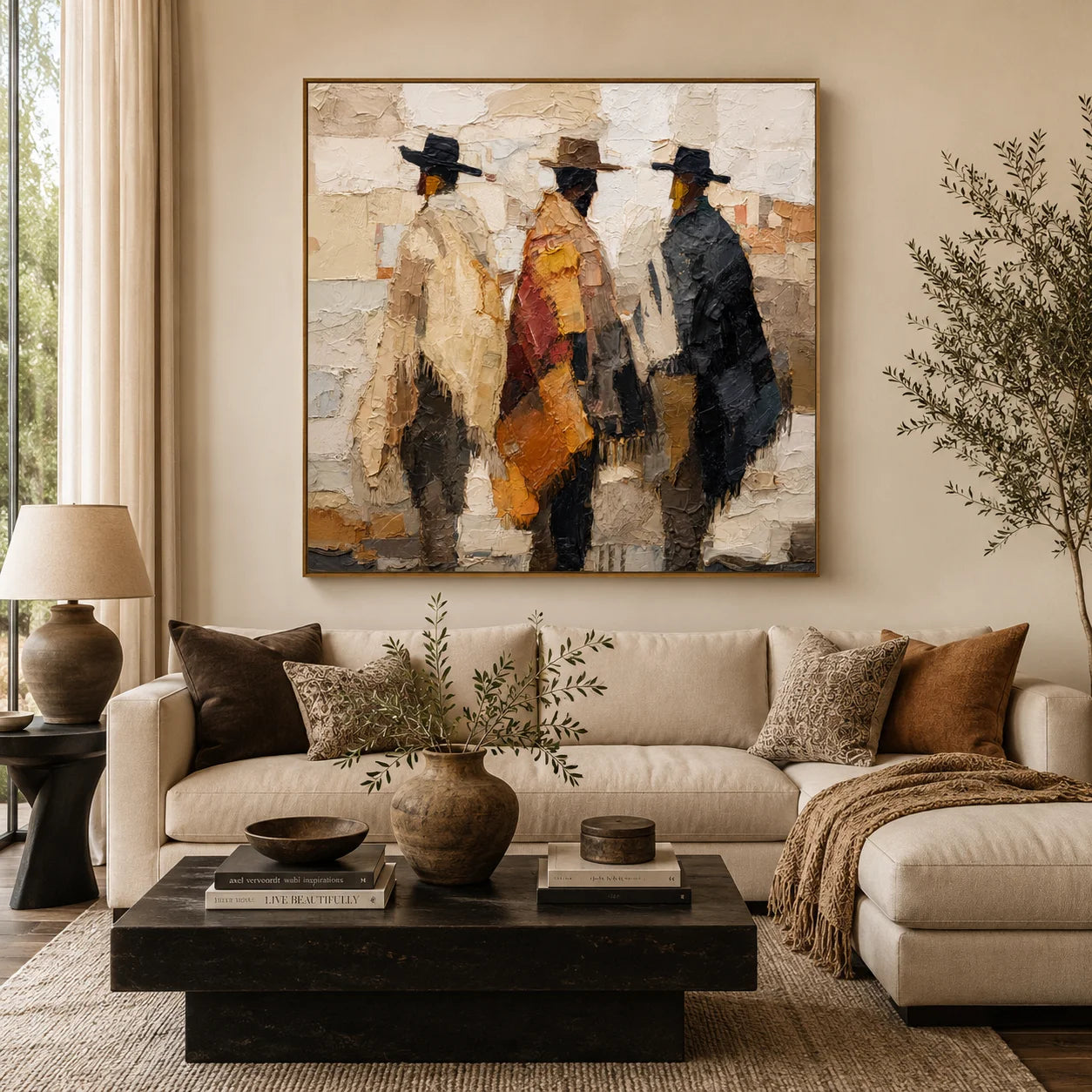 Abstract Western Cowboys Hand-Painted Oil Painting, Textured Figurative Canvas Wall Art for Modern Rustic Home Decor #OA0954