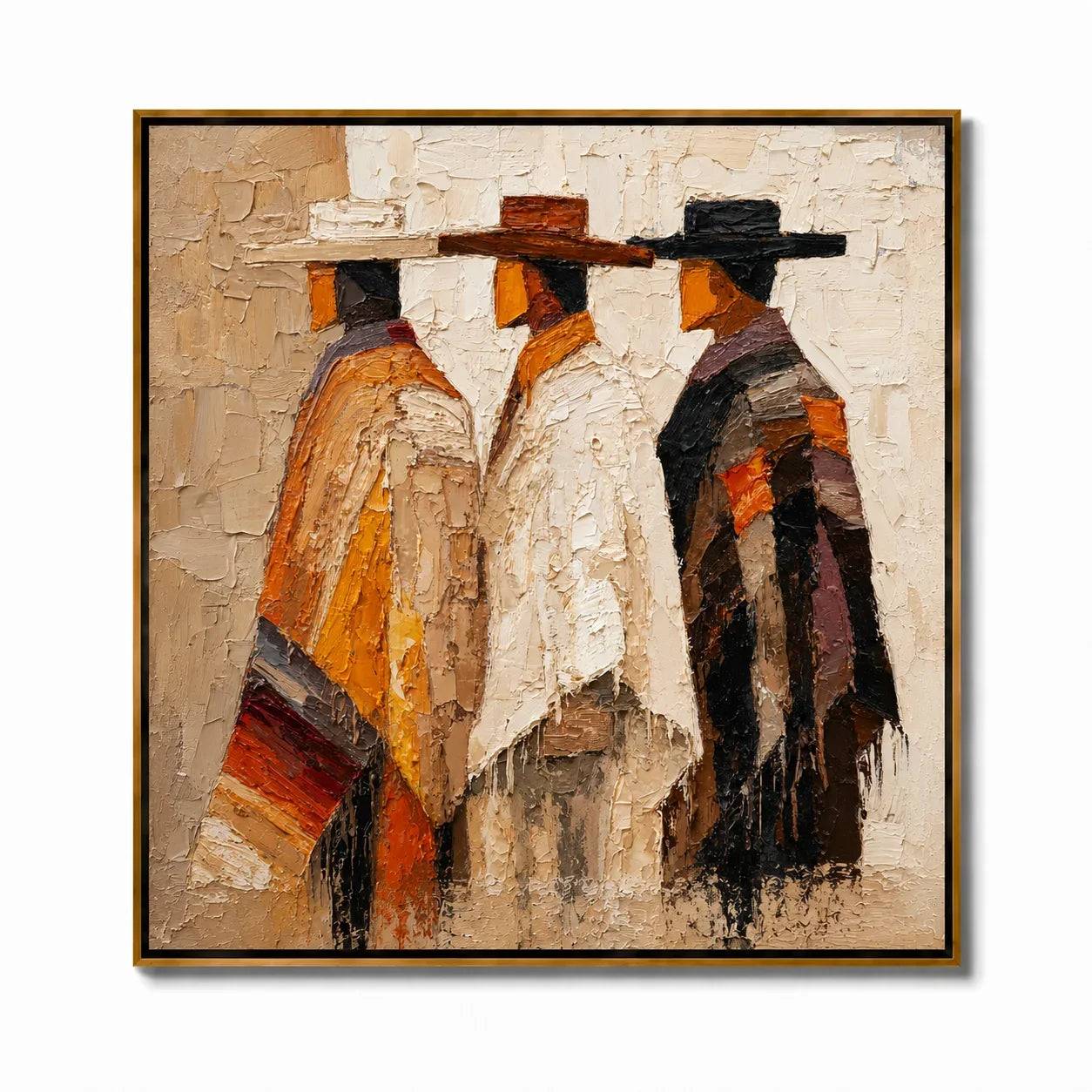 Abstract Western Figures Hand-Painted Oil Painting, Textured Three Cowboys Canvas Wall Art for Modern Rustic Home Decor #OA0953