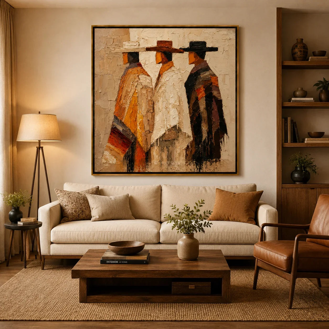 Abstract Western Figures Hand-Painted Oil Painting, Textured Three Cowboys Canvas Wall Art for Modern Rustic Home Decor #OA0953