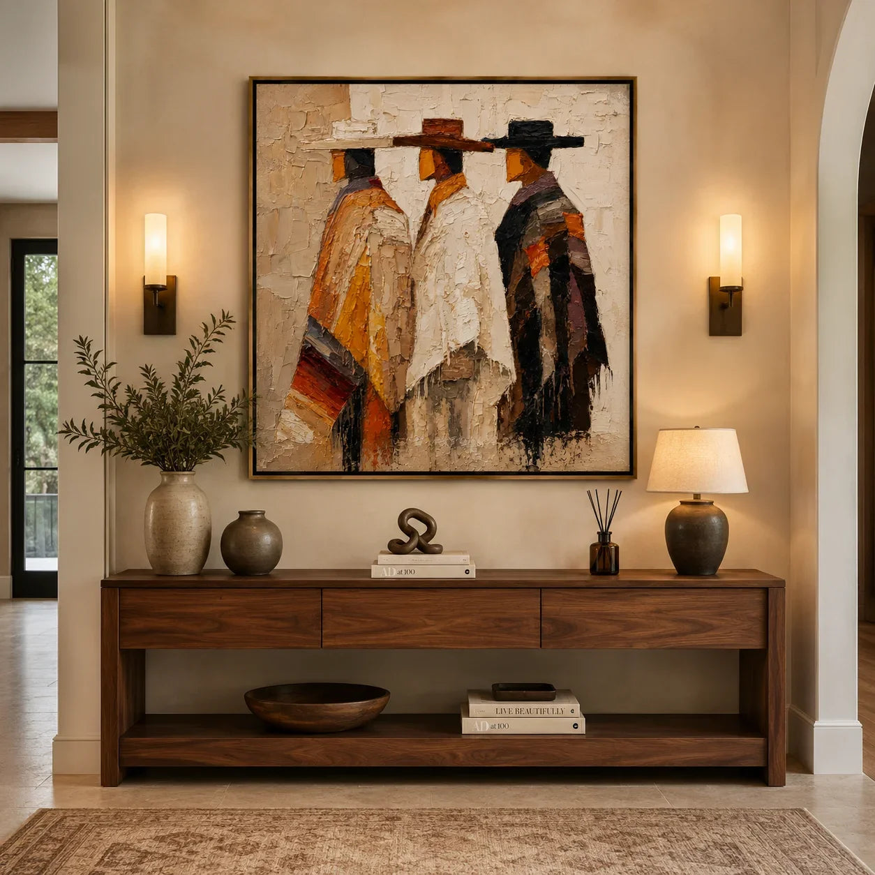 Abstract Western Figures Hand-Painted Oil Painting, Textured Three Cowboys Canvas Wall Art for Modern Rustic Home Decor #OA0953