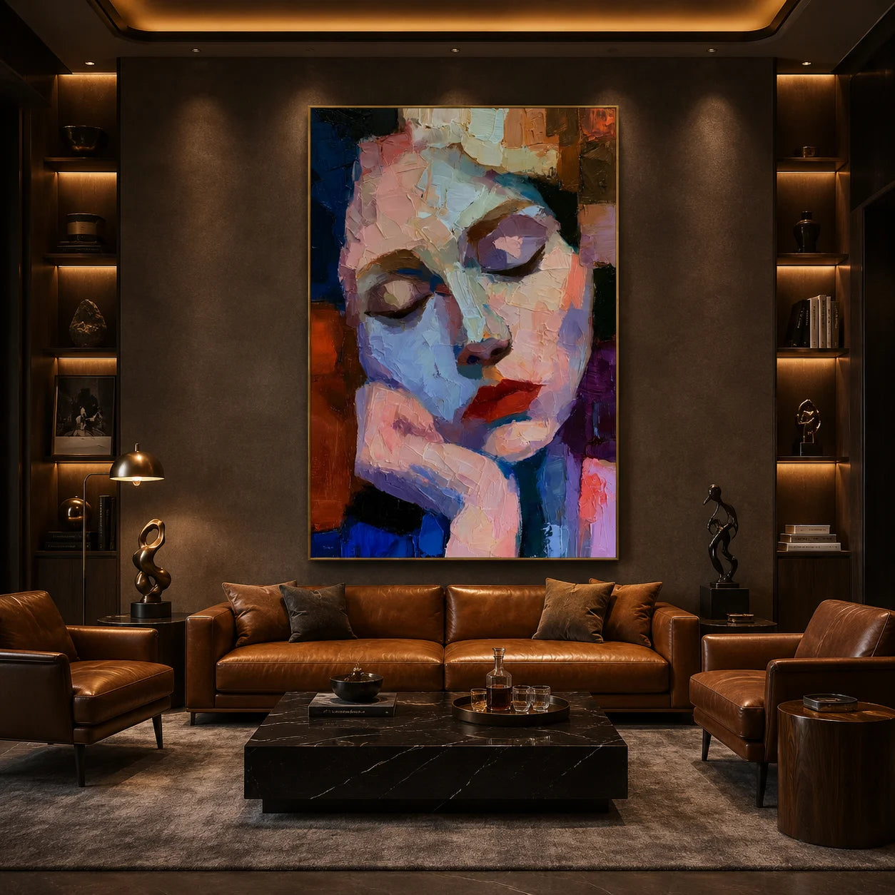 Abstract Woman with Closed Eyes Hand-Painted Oil Painting | Blue and Blush Textured Palette Knife Portrait Wall Art for Modern Interiors