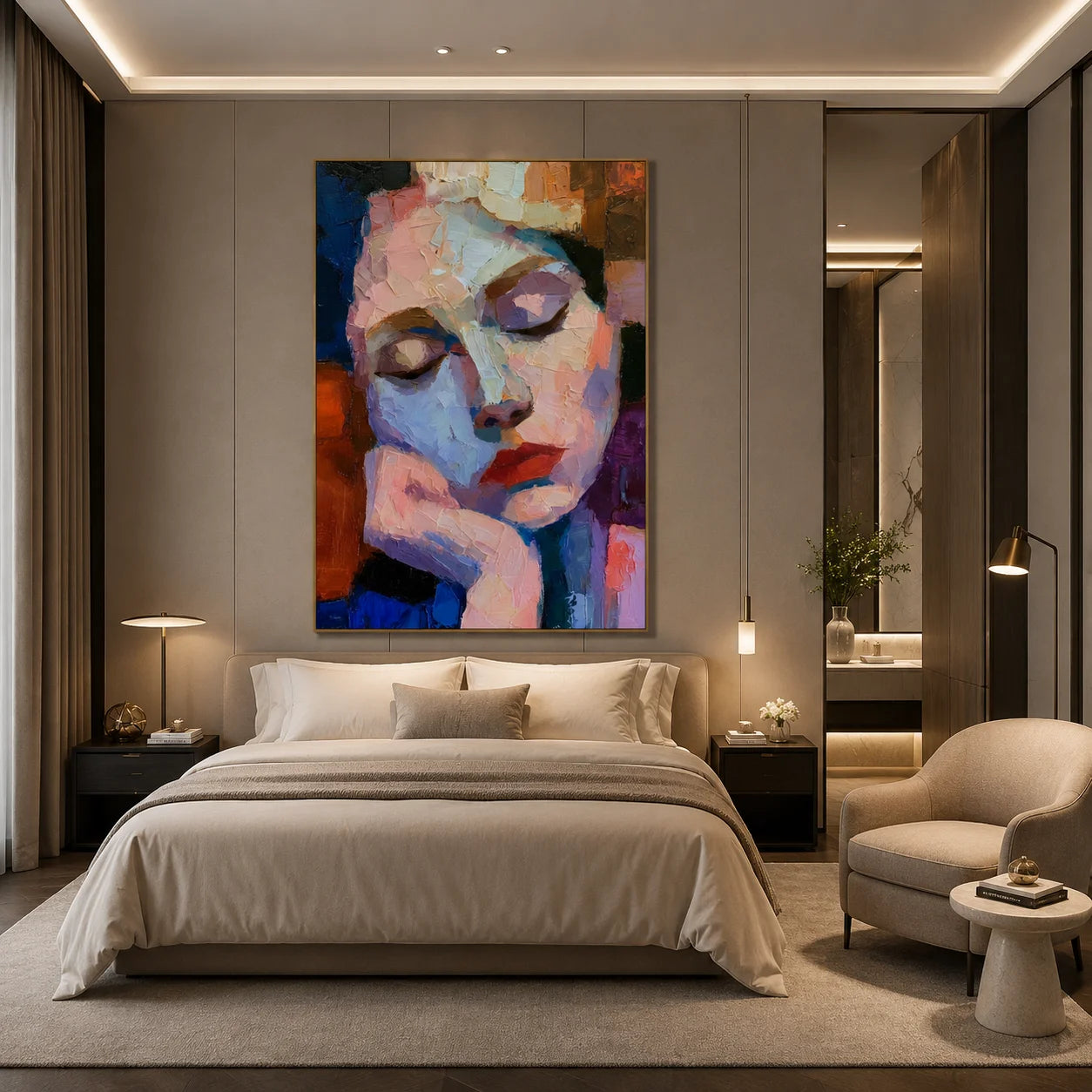 Abstract Woman with Closed Eyes Hand-Painted Oil Painting | Blue and Blush Textured Palette Knife Portrait Wall Art for Modern Interiors