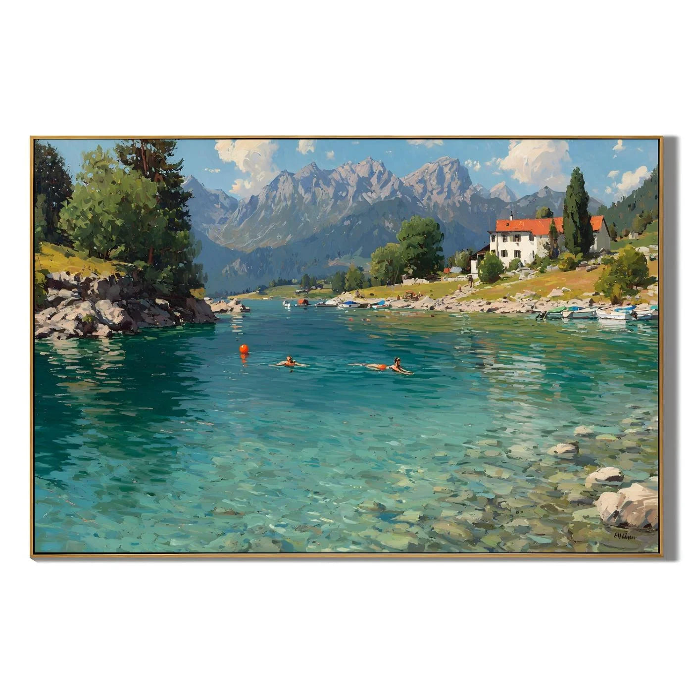 Alpine Lake Landscape Hand-Painted Oil Painting, Mountain Lake Wall Art for Living Room Decor # OA 1044