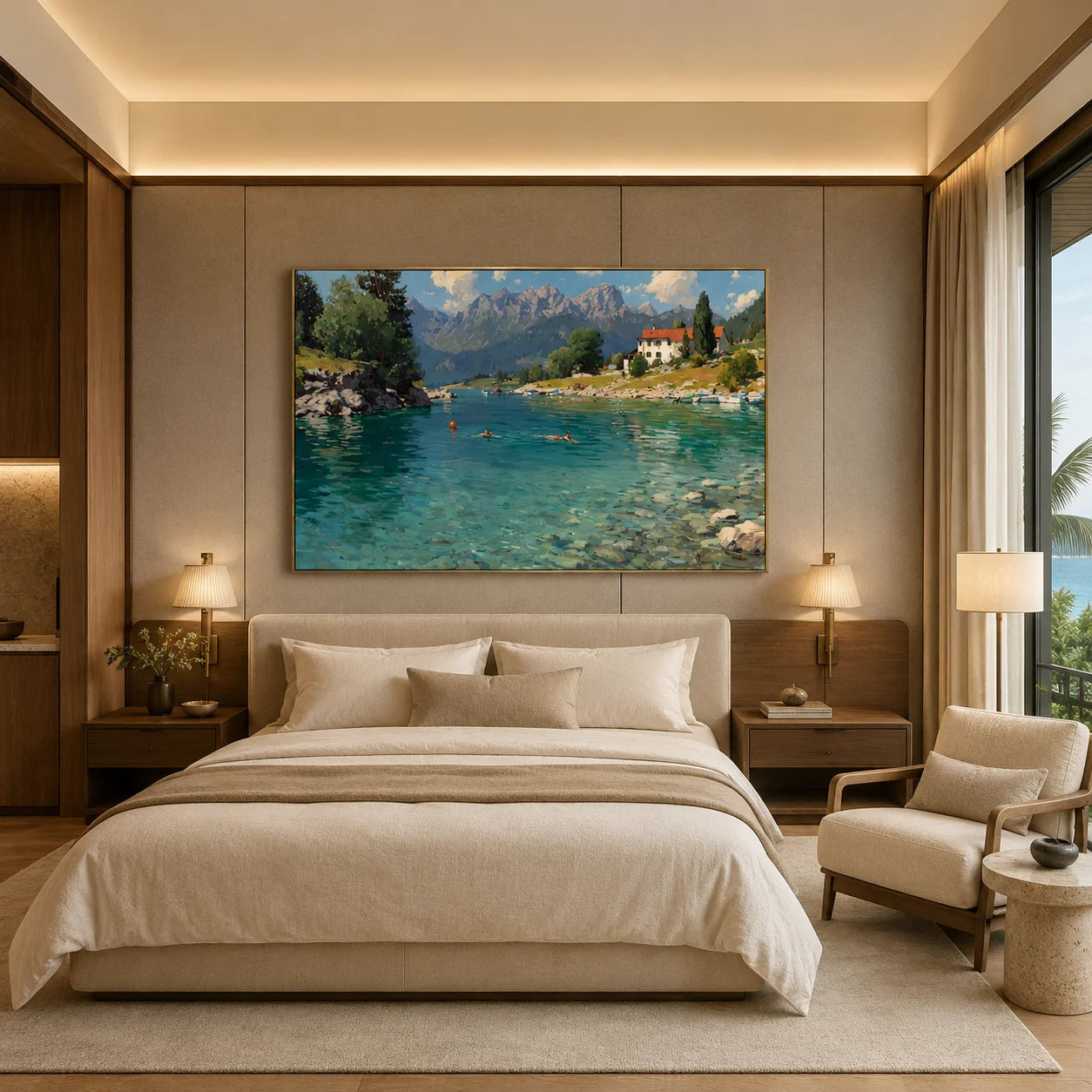 Alpine Lake Landscape Hand-Painted Oil Painting, Mountain Lake Wall Art for Living Room Decor # OA 1044