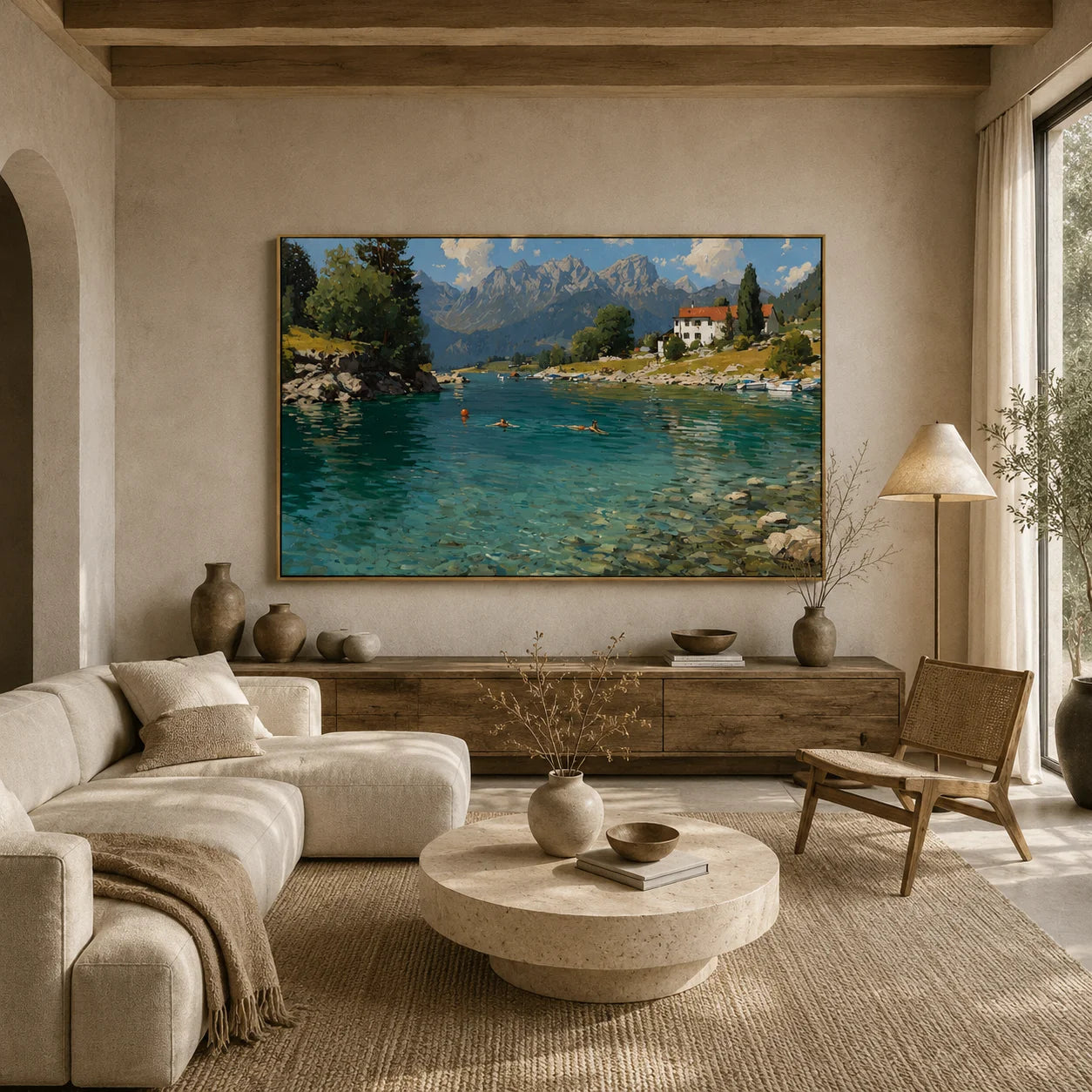 Alpine Lake Landscape Hand-Painted Oil Painting, Mountain Lake Wall Art for Living Room Decor # OA 1044