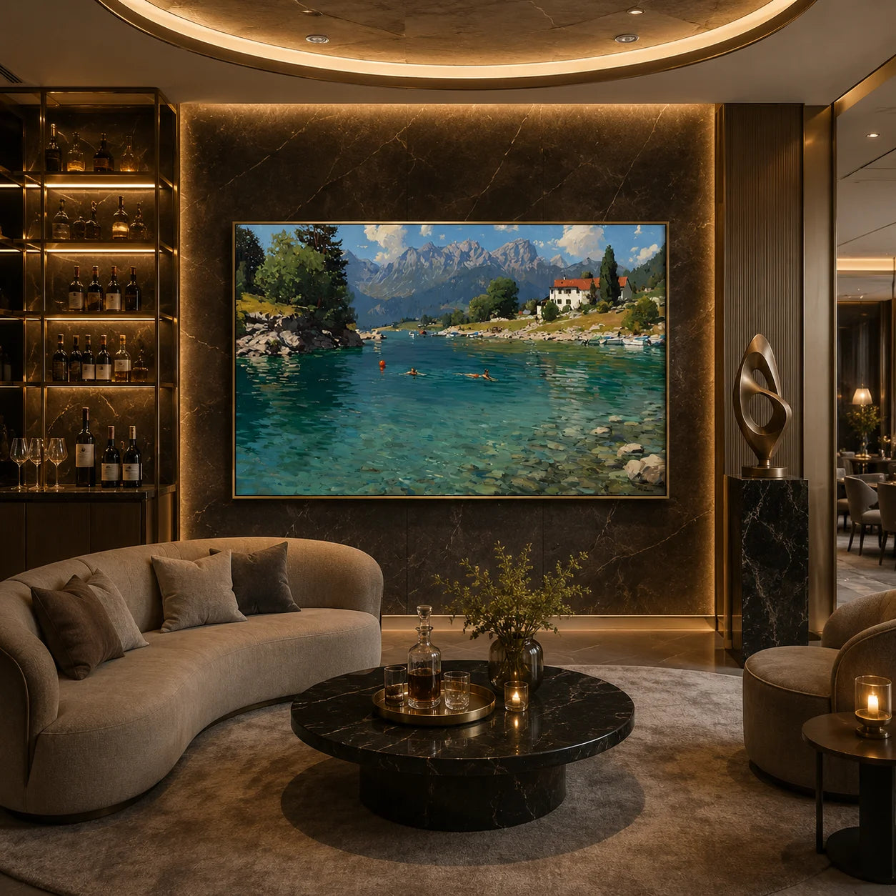 Alpine Lake Landscape Hand-Painted Oil Painting, Mountain Lake Wall Art for Living Room Decor # OA 1044